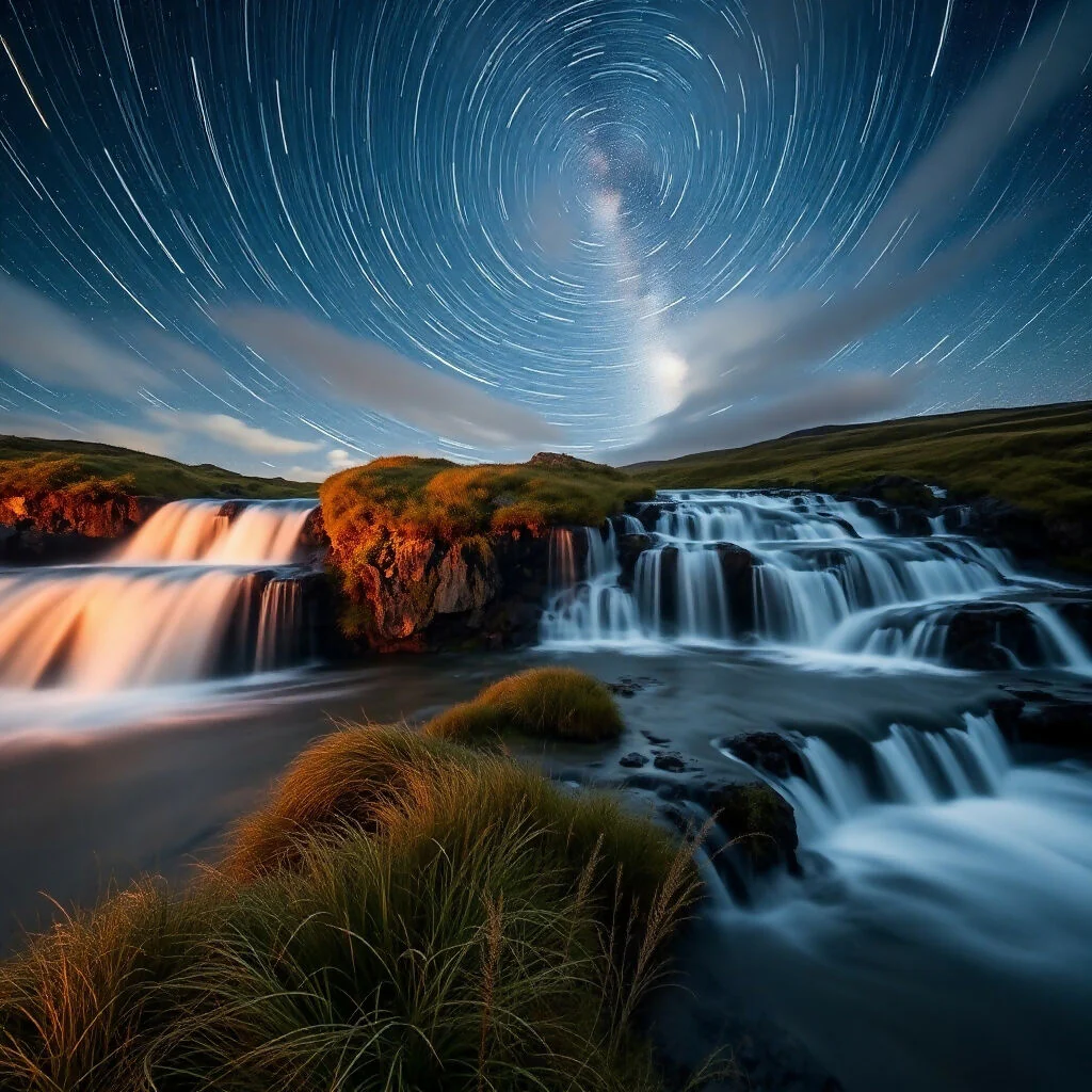 Nocturnal waterfall under circular star trails
