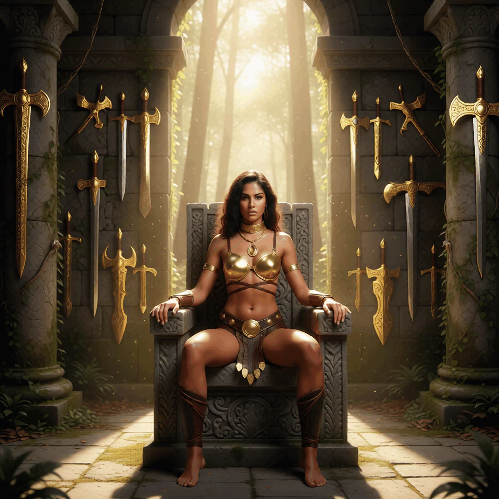 Olyndra Enthroned: Fantasy Queen & Gilded Armory - Unique AI Art