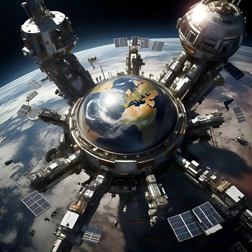 Orbital Nexus: Surreal Space Station with Earth Core