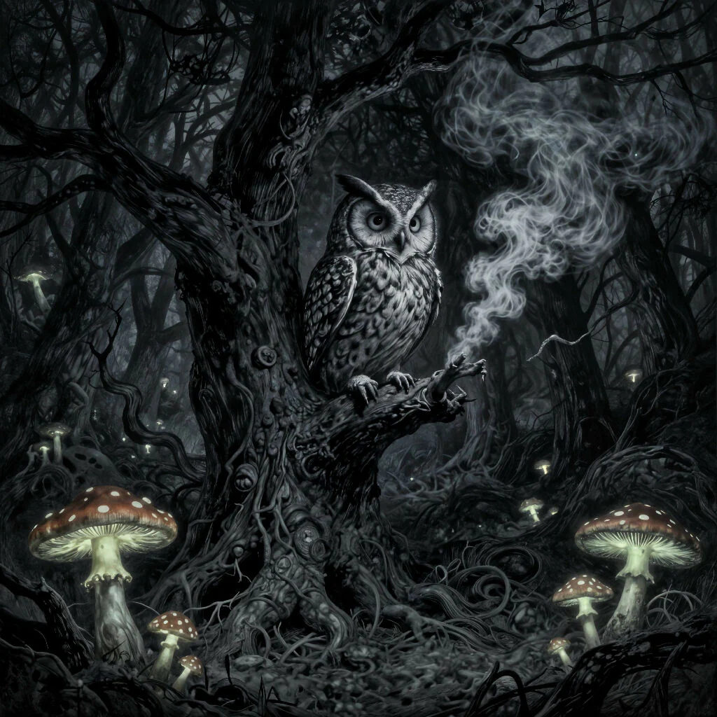 "Owl In A Creepy Dark Forest"