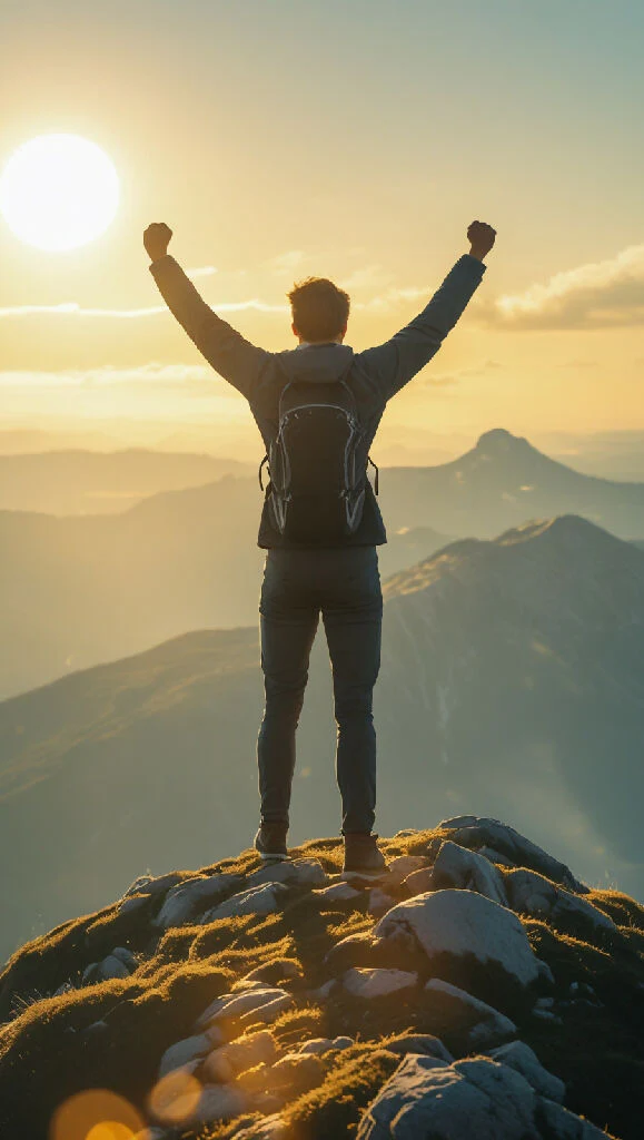Person standing on top of a mountain or hill