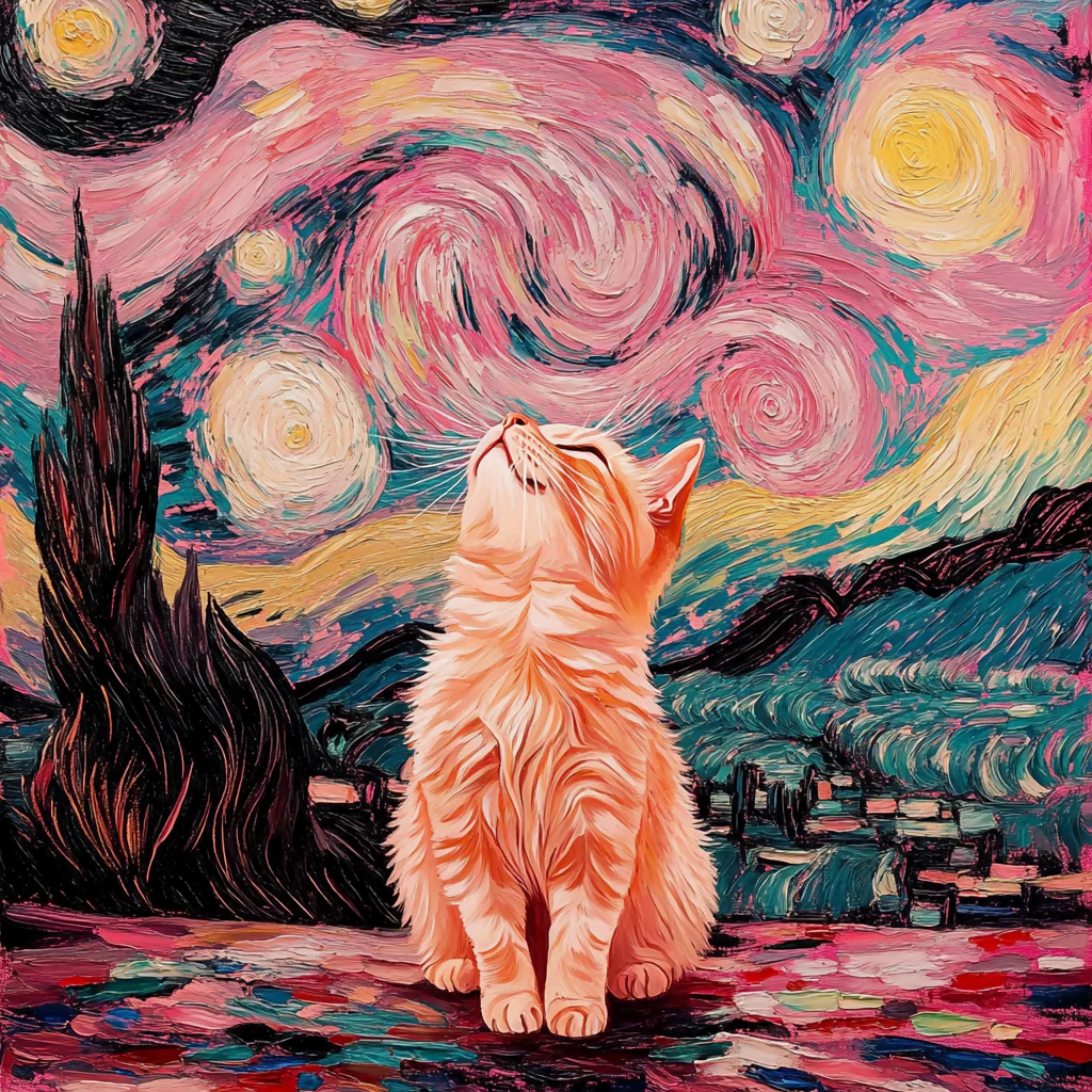 Pink starry night with a cat