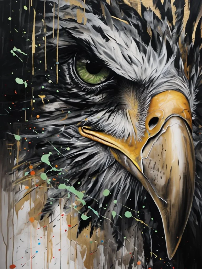 POWERFUL EAGLE CLOSE-UP STRIKING DIGITAL ART WITH SPLATTER EFFECTS