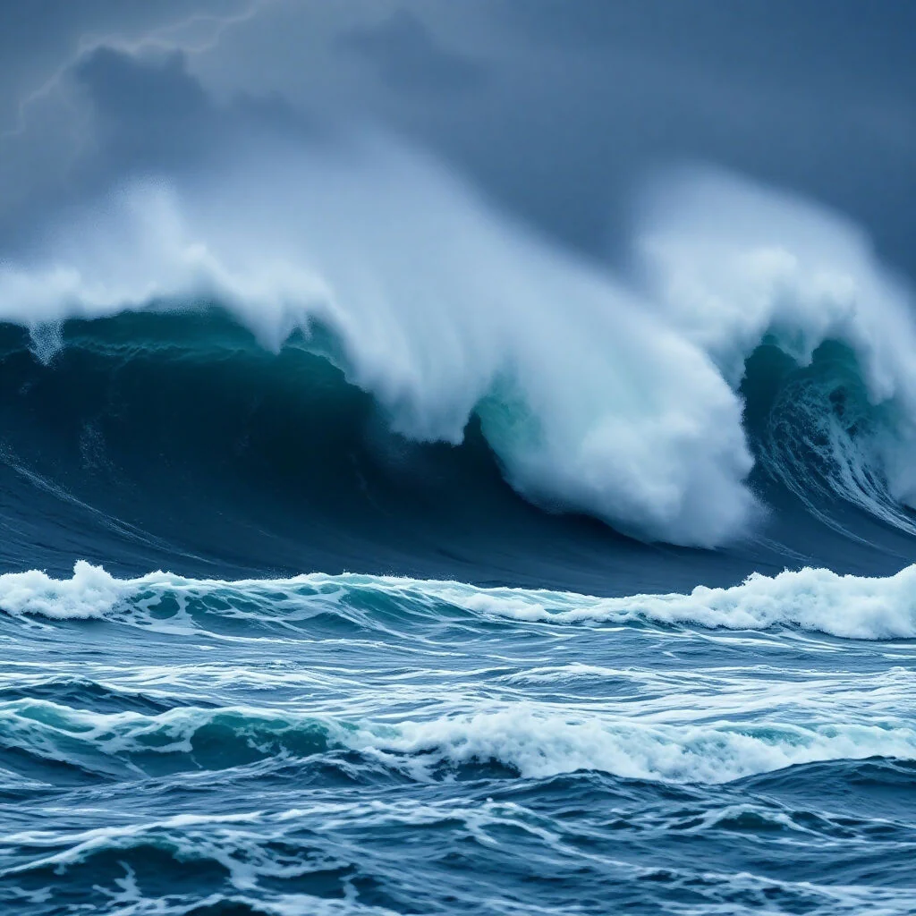 Powerful Ocean Waves Crashing in Deep Blue Waters