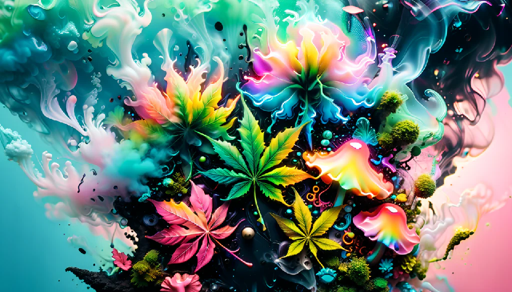 Psychedelic Neon Glowing UV Marijuana Plant and Mushrooms