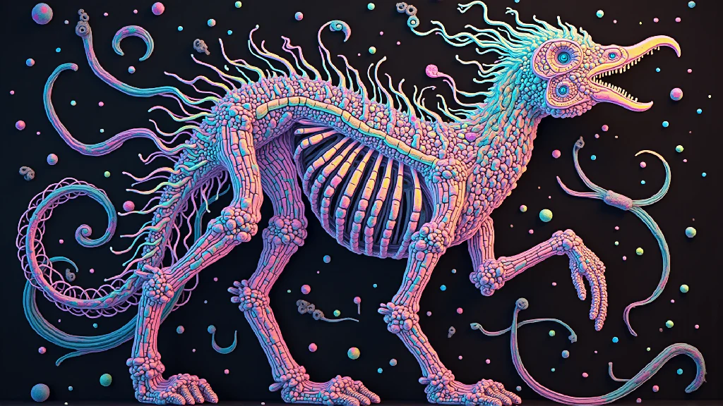Psychedelic UV Neon Glowing Dinosaur Bird Skeleton