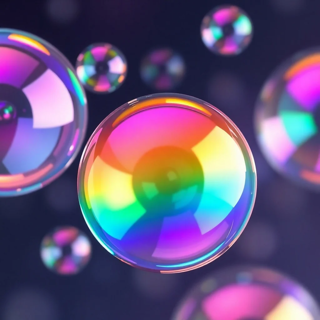 Rainbow Iridescent Soap Bubbles Floating on Dark Blue Background