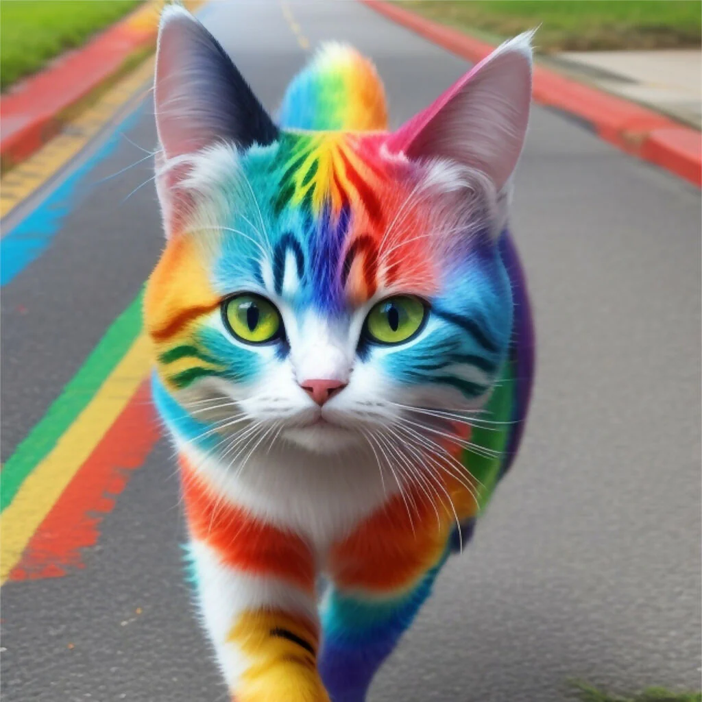 Rainbow Striped Cat - Whimsical AI Artwork