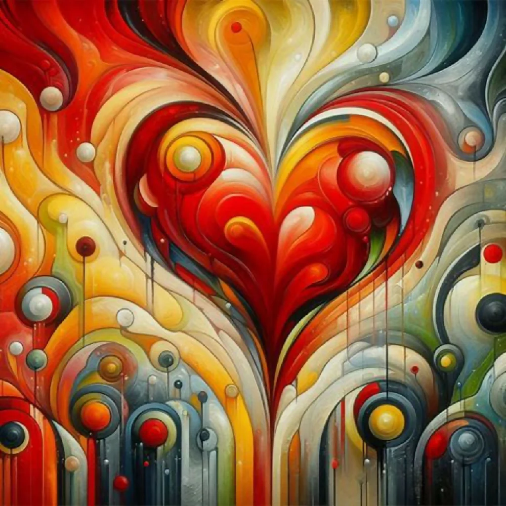 Red décoration Abstract Painting, Painting Yellow, Green, Black and Orange Heart - Image 8