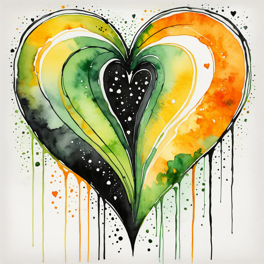 Red . décoration. Abstract. Painting, Painting . Yellow, Green, Black . Orange .. Heart - Image 3