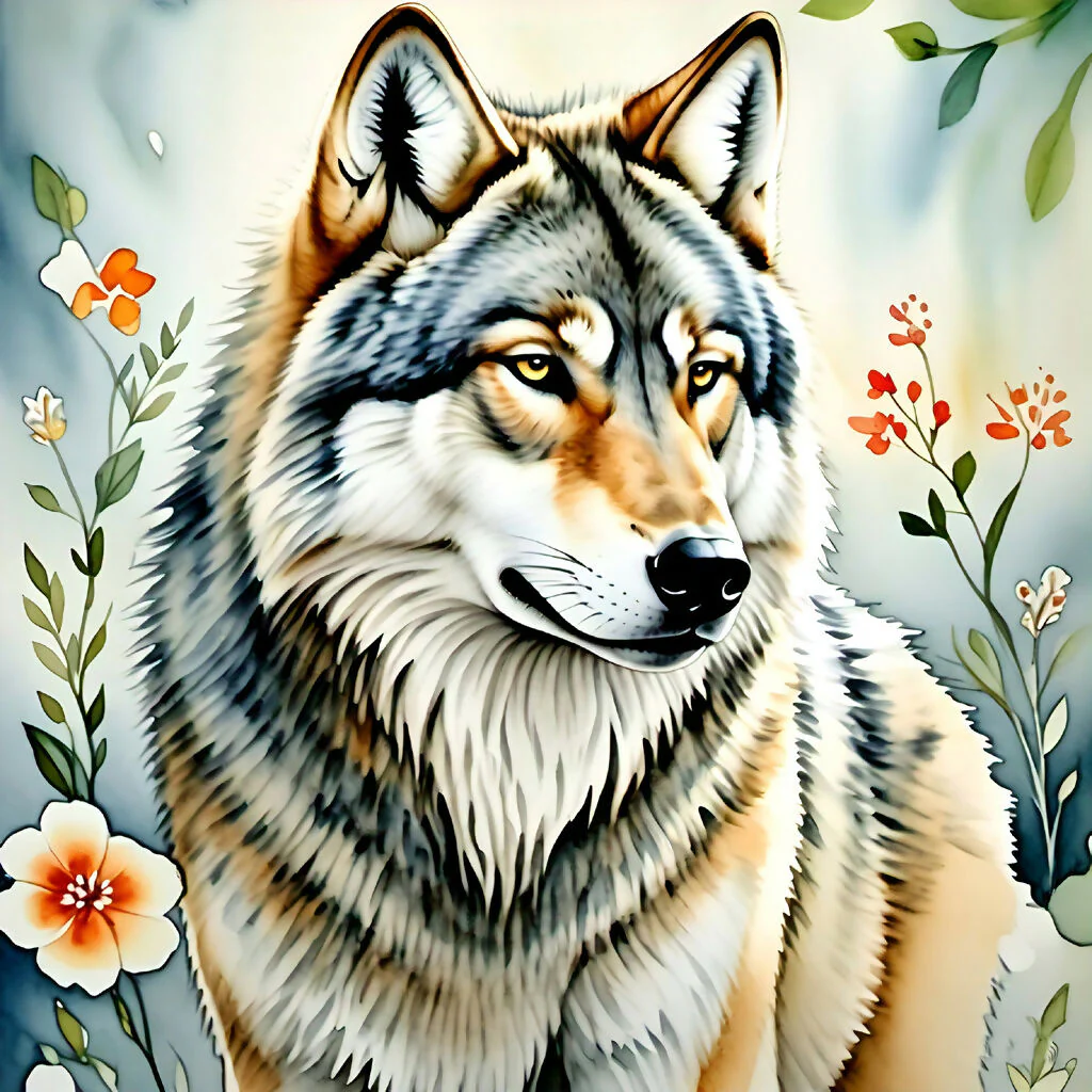 Regal Wolf Portrait with Floral Accents