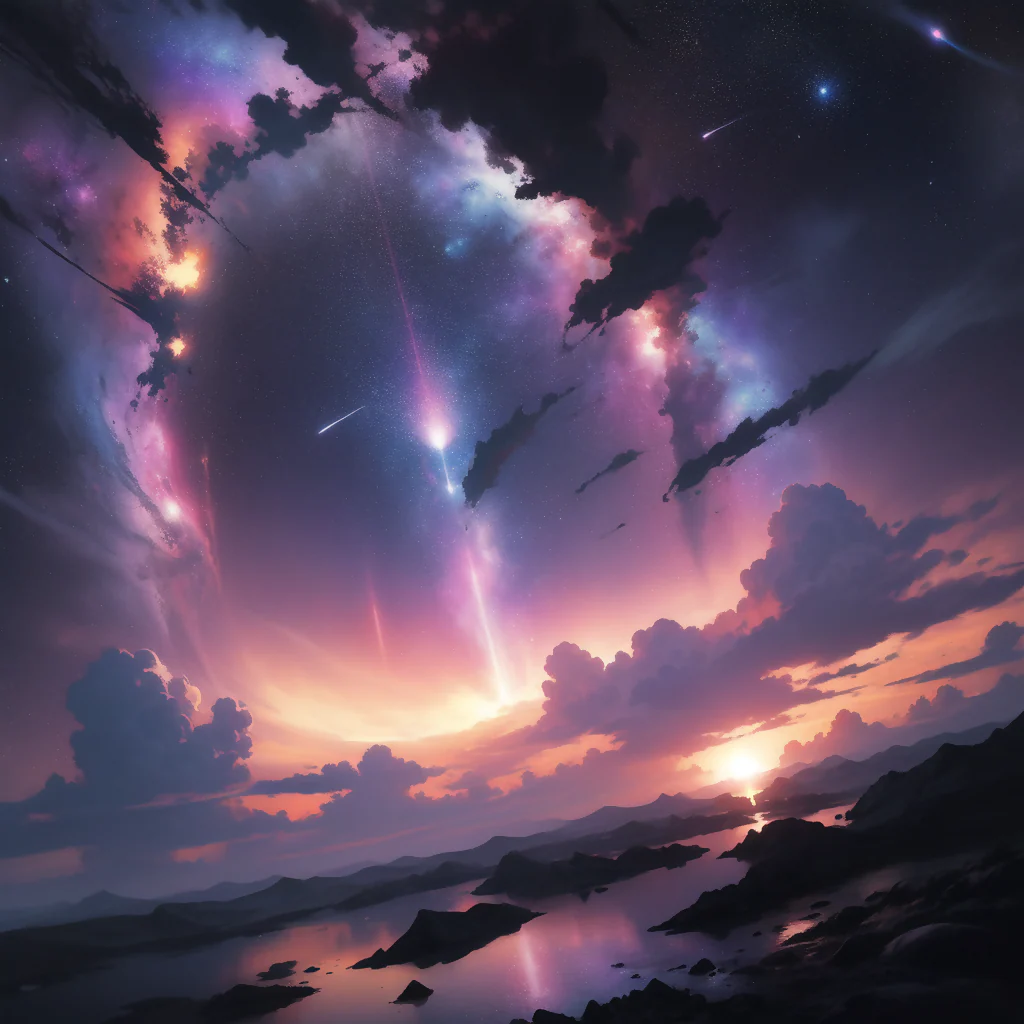 River reflecting the lights of a cosmic night sky
