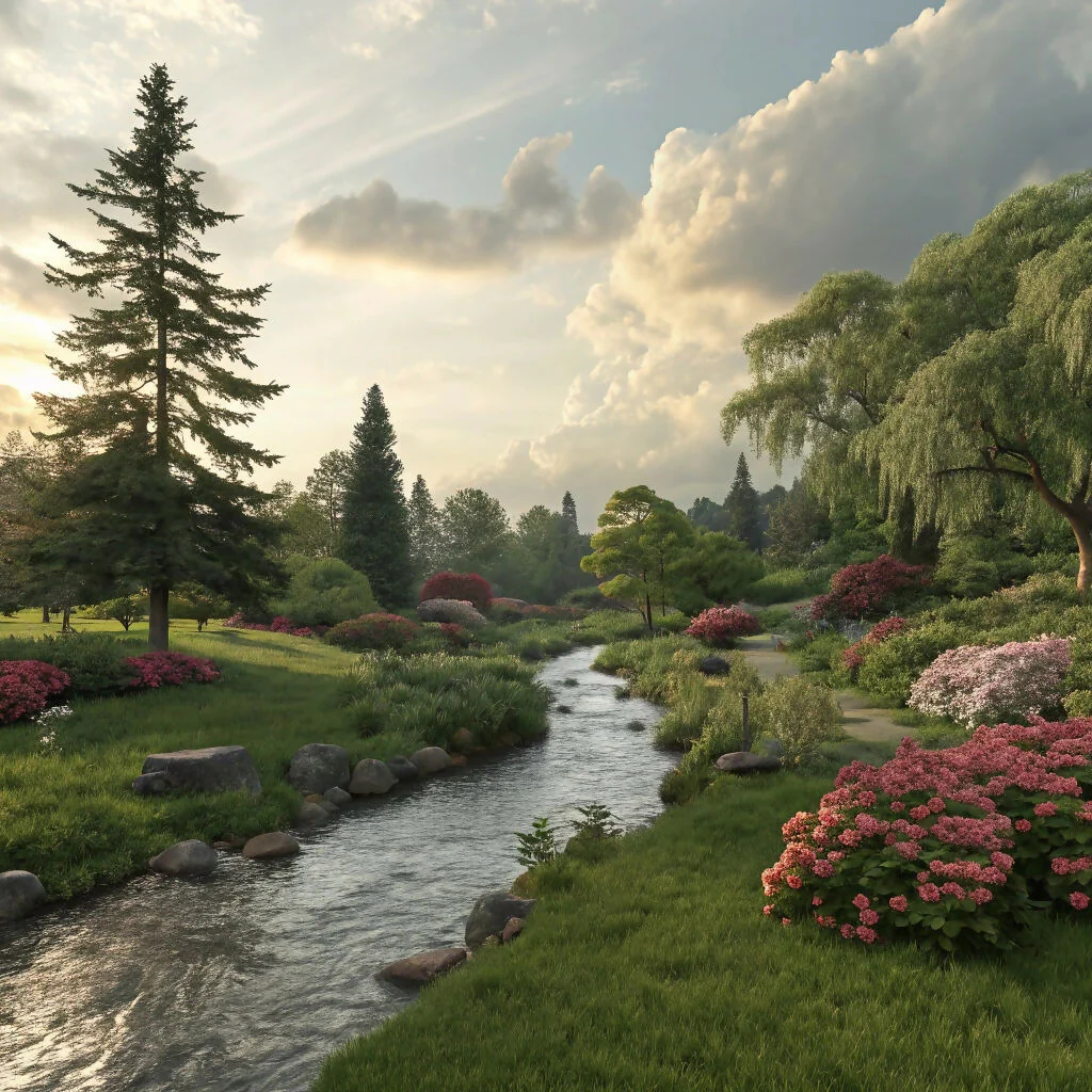 River's Edge in a Serene Botanical Garden