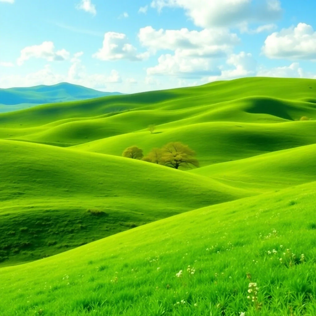 Rolling Green Hills Under Blue Sky with White Clouds