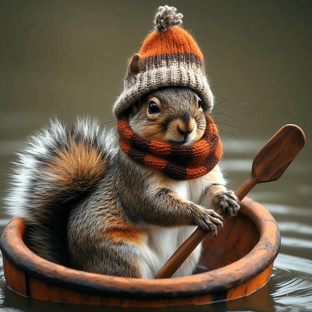Sailing down river - squirrel in his boat