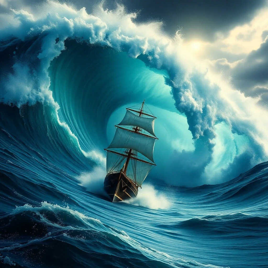 Sailing Ship Facing Massive Ocean Wave in Epic Storm