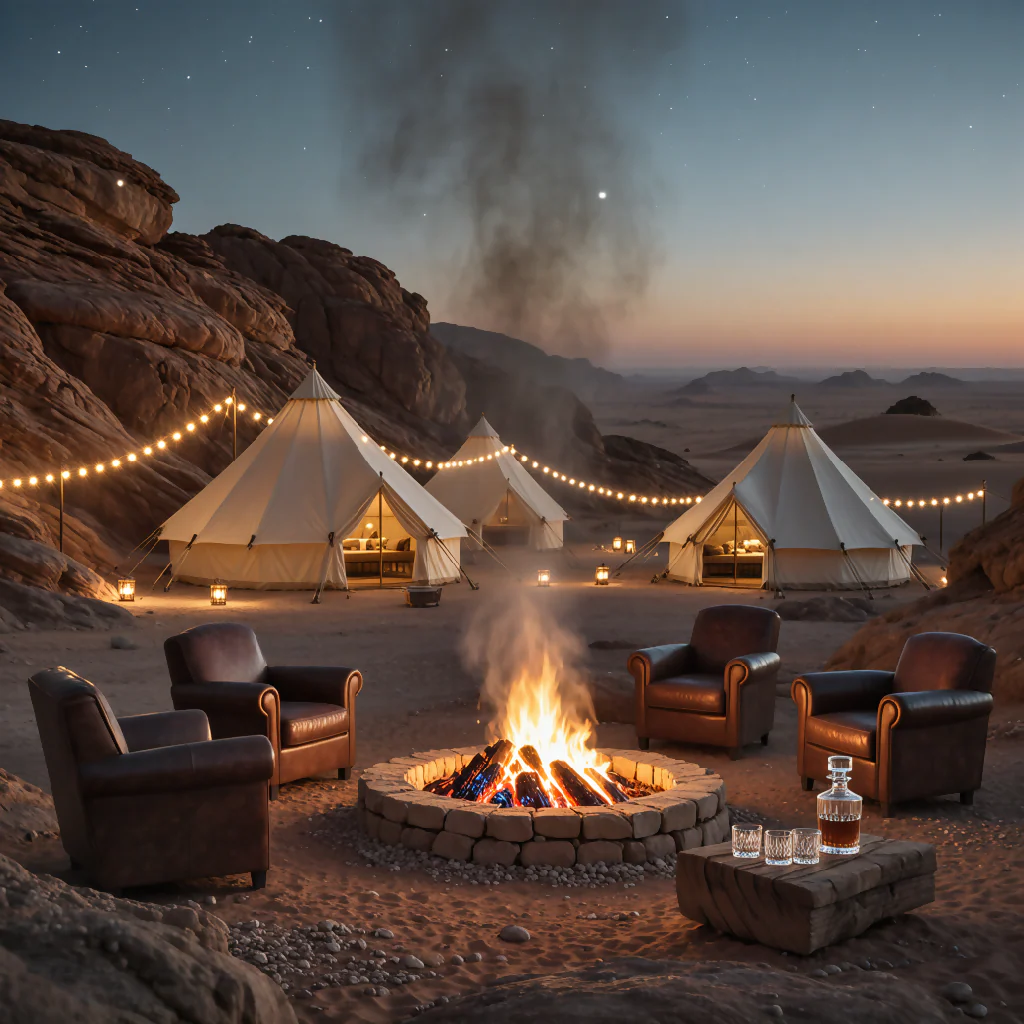 "Sands of Comfort: Firelit Desert Retreat"
