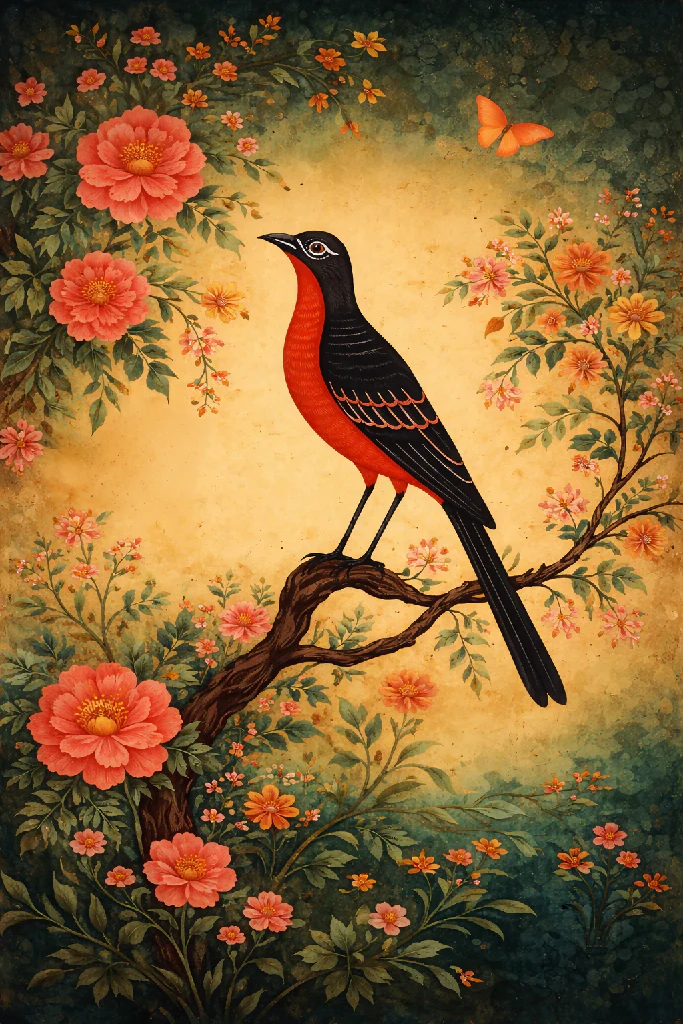 Scarlet Songbird – Elegant Folk Art 4K