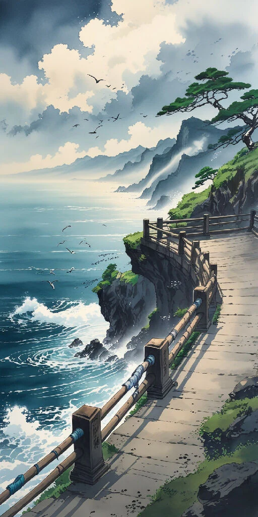 { "scene": "High cliff terrace overlooking endless sea with layered clouds and distant peaks"