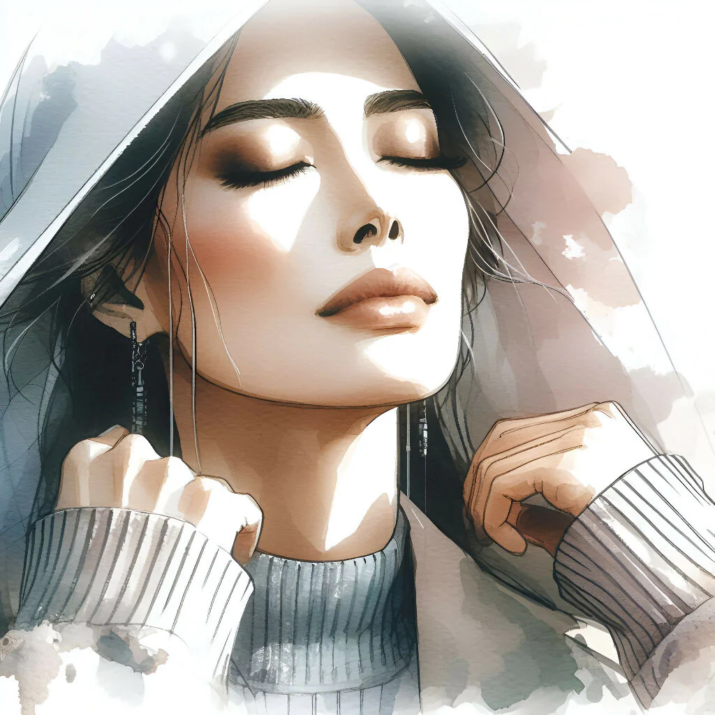 Serene Elegance: Woman in Soft Light with Hood and Knitwear