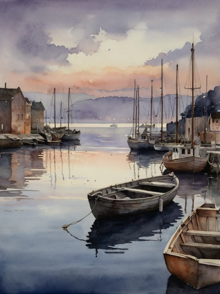 Serene Harbor Sunset Watercolor Painting - Image 3