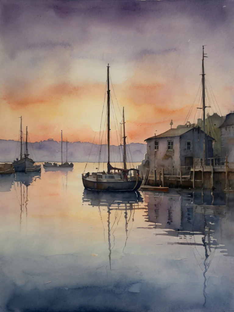 Serene Harbor Sunset Watercolor Painting - Image 4