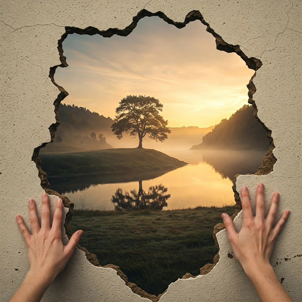 Serene Landscape Through Torn Wall at Sunset