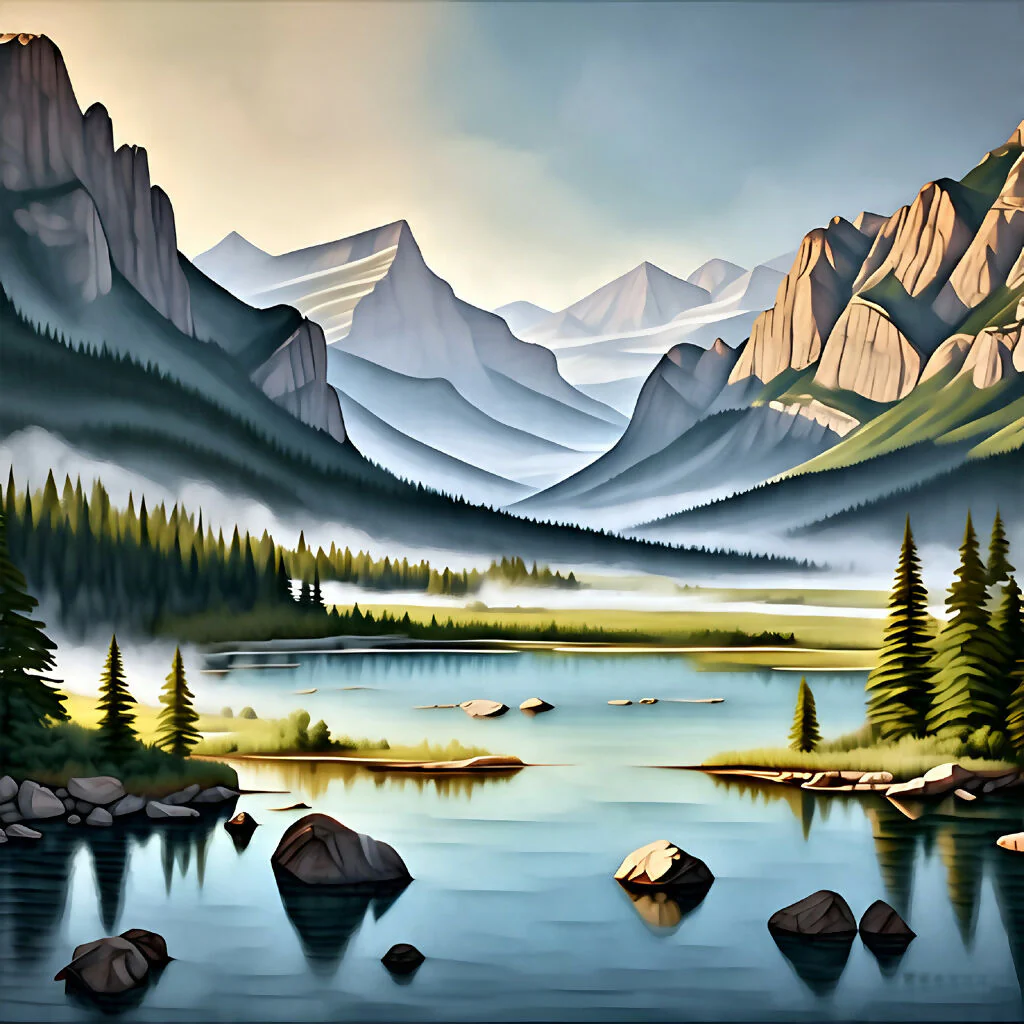 Serene Mountain Lake Landscape Art