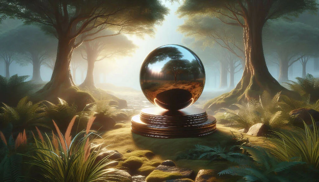 Serene scene with a glossy sphere on a pedestal No. 4