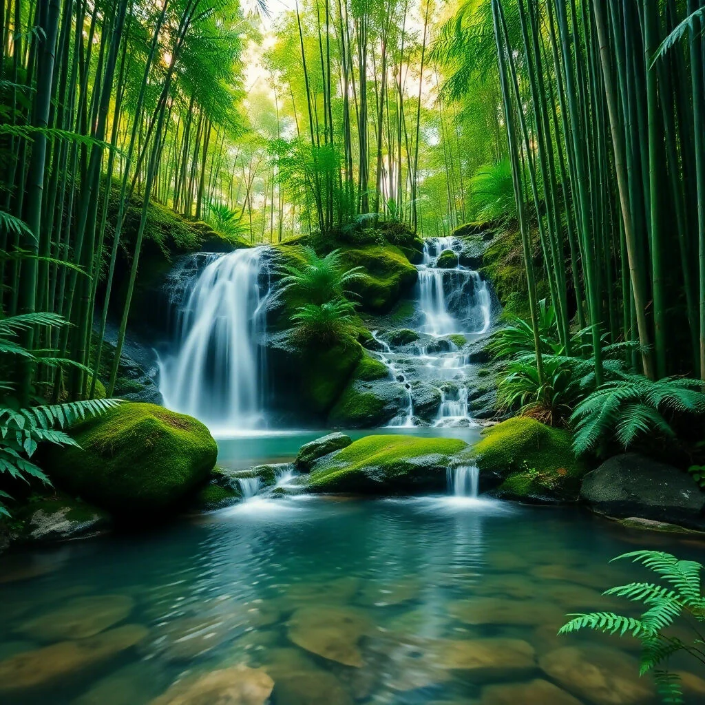 Serene Waterfall in Lush Bamboo Forest with Moss Rocks