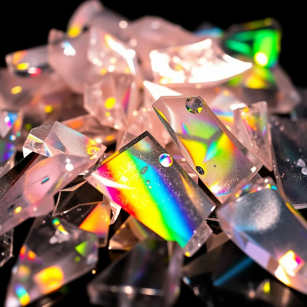 Shattered Rainbow Holographic CD Fragments Reflecting Colorful Light