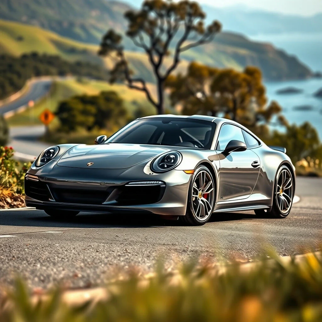 Silver Porsche 911 on Coastal Highway