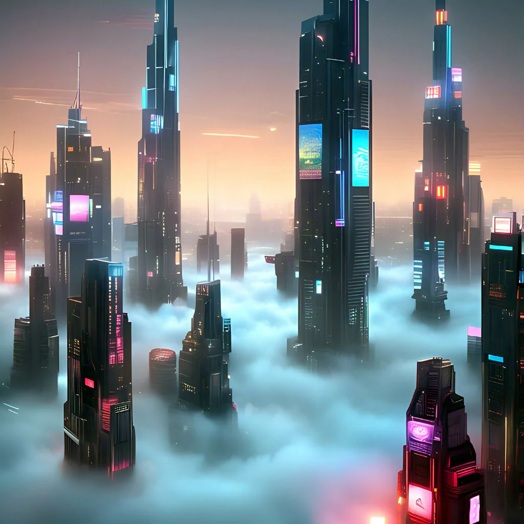 Skyline Ascension: Neon Towers Above the Clouds
