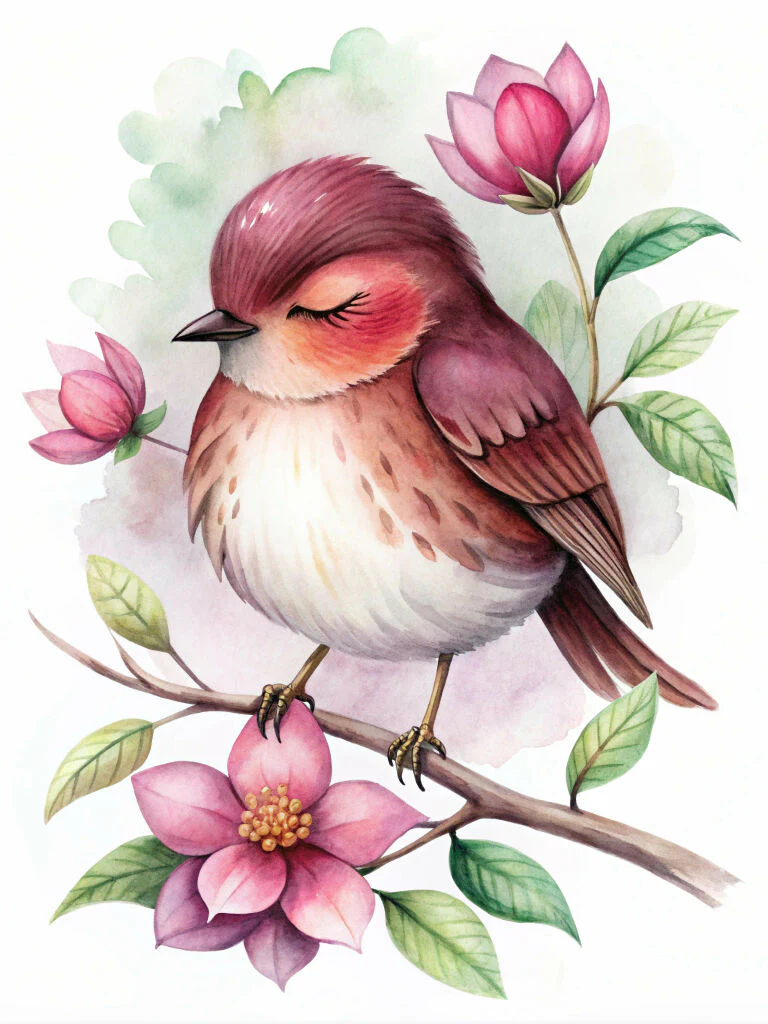 Sleeping Bird Painting on a Branch Unique Nature Art
