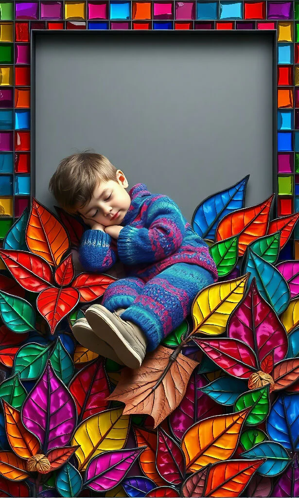 Sleeping Child Surrounded by Colorful Leaves