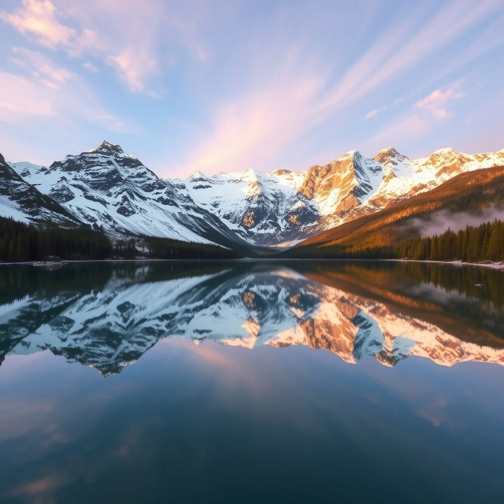 Snow-Capped Mountains Reflected in Alpine Lake