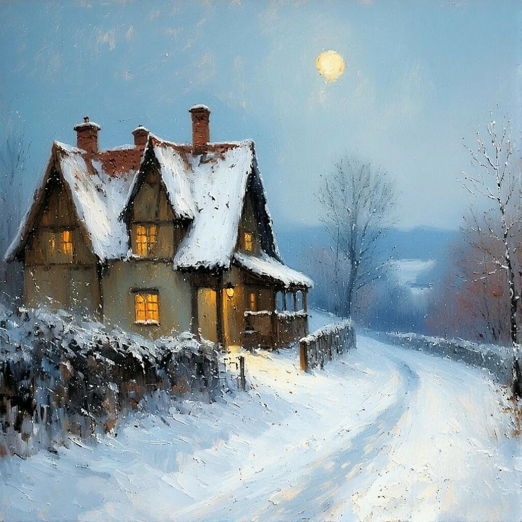 Snow covered cottage by moonlight