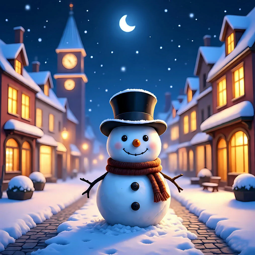 Snowman Village Winter Night