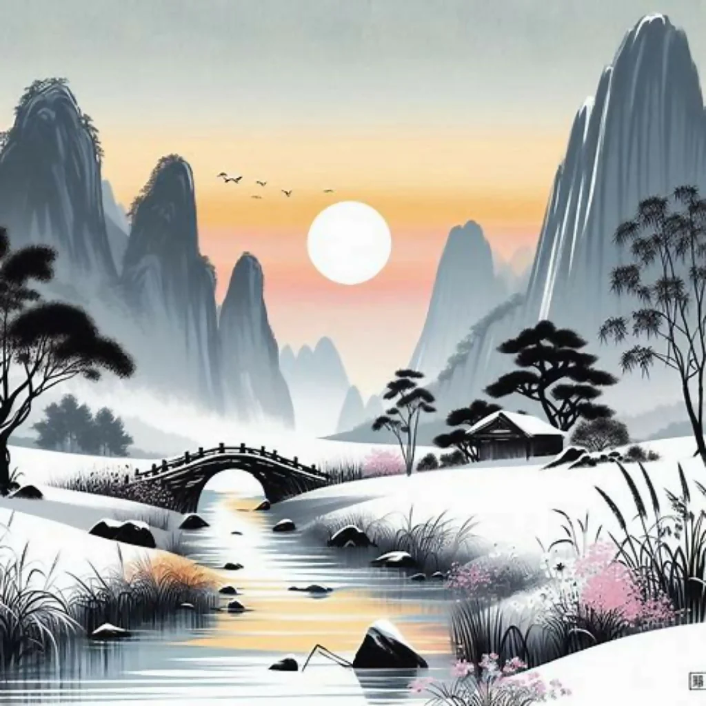 Snowy mountains at sunset