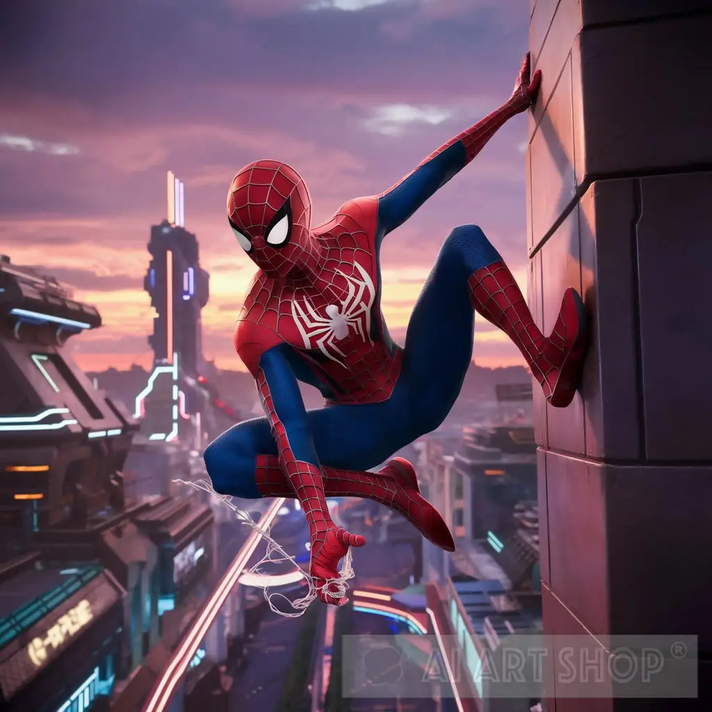 Spider-Man Swings Through a Bustling Cityscape at Dusk (3D Render) - Image 3