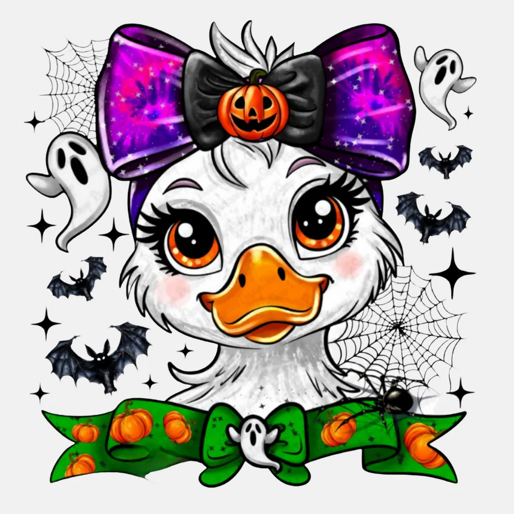 Spooky Cute Halloween Duckling with Bow & Pumpkins | Adorable Ghost & Bat