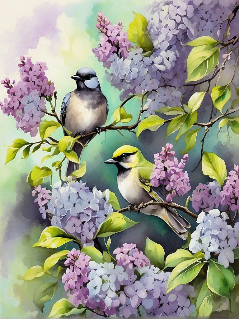 Spring Birds and Lilac Bush Blossom
