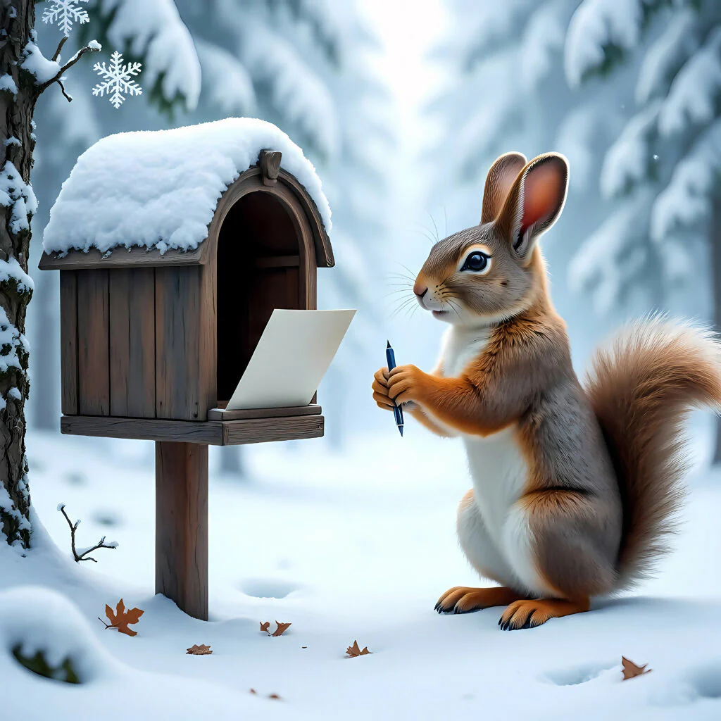 Squirrel Writing Letter AI Art - Whimsical Winter Forest Decor