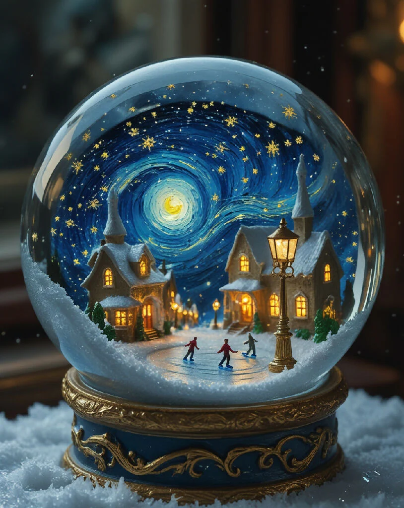 Starry Night Snow Globe Art Print - Cosmic Winter Decor