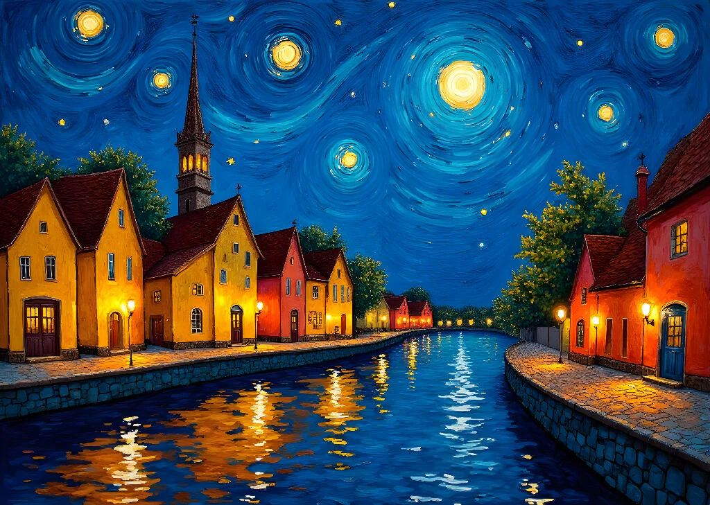 Starry Night Village Digital Painting – Impressionist Art