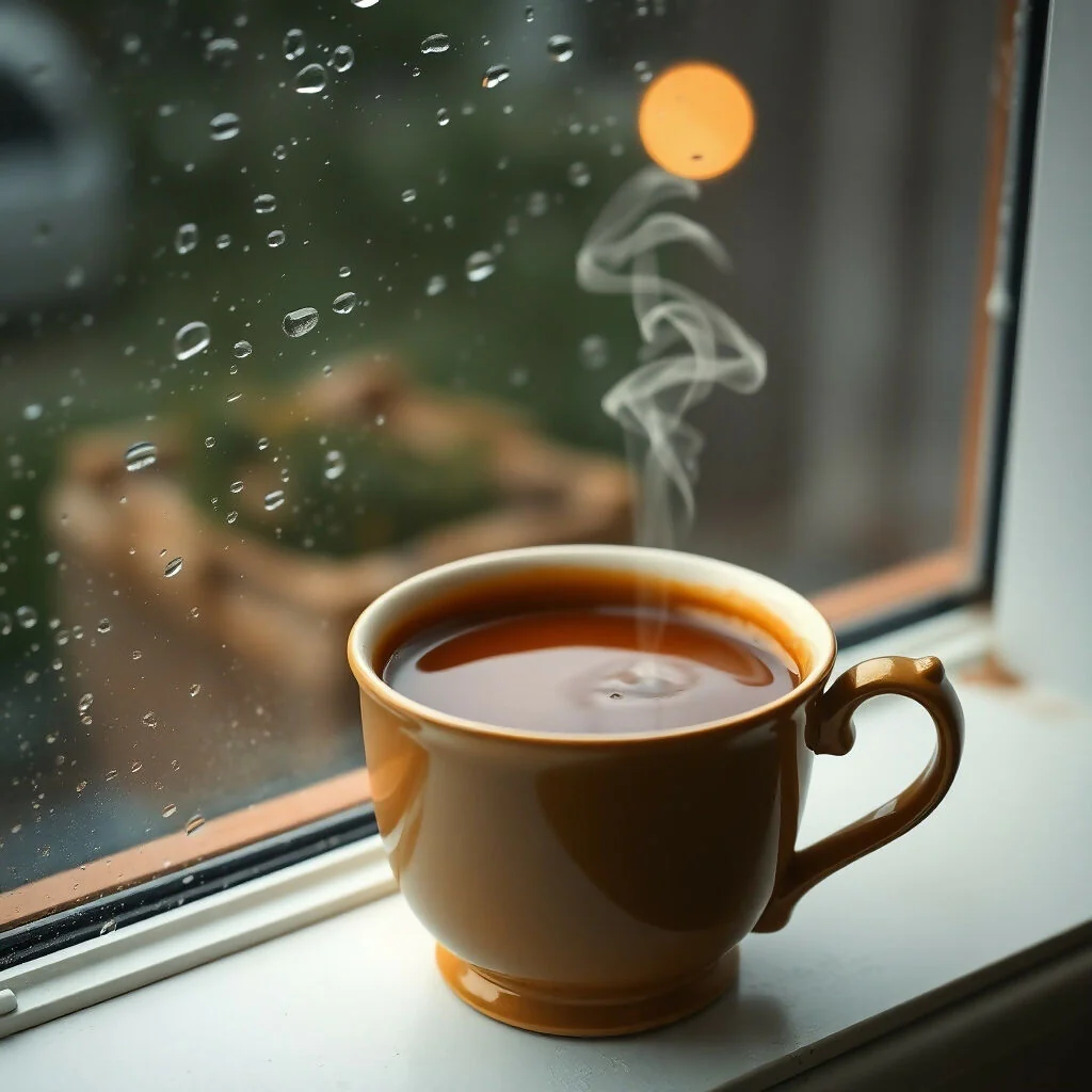 Steaming Hot Tea Cup by Rainy Window with Cozy Atmosphere