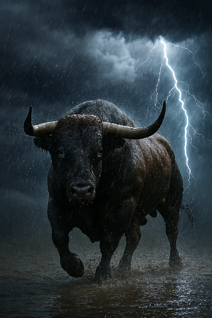 Storm-Charged Bull in Motion