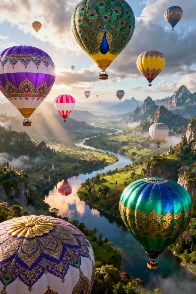 {Subject Description: a vast fantasy-world landscape mixing realism with cinematic alternate-world vibes, filled with dozens of hot air balloons each with unique designs and patterns like indian art, peackock feather pattern, medival rich art, magical tou