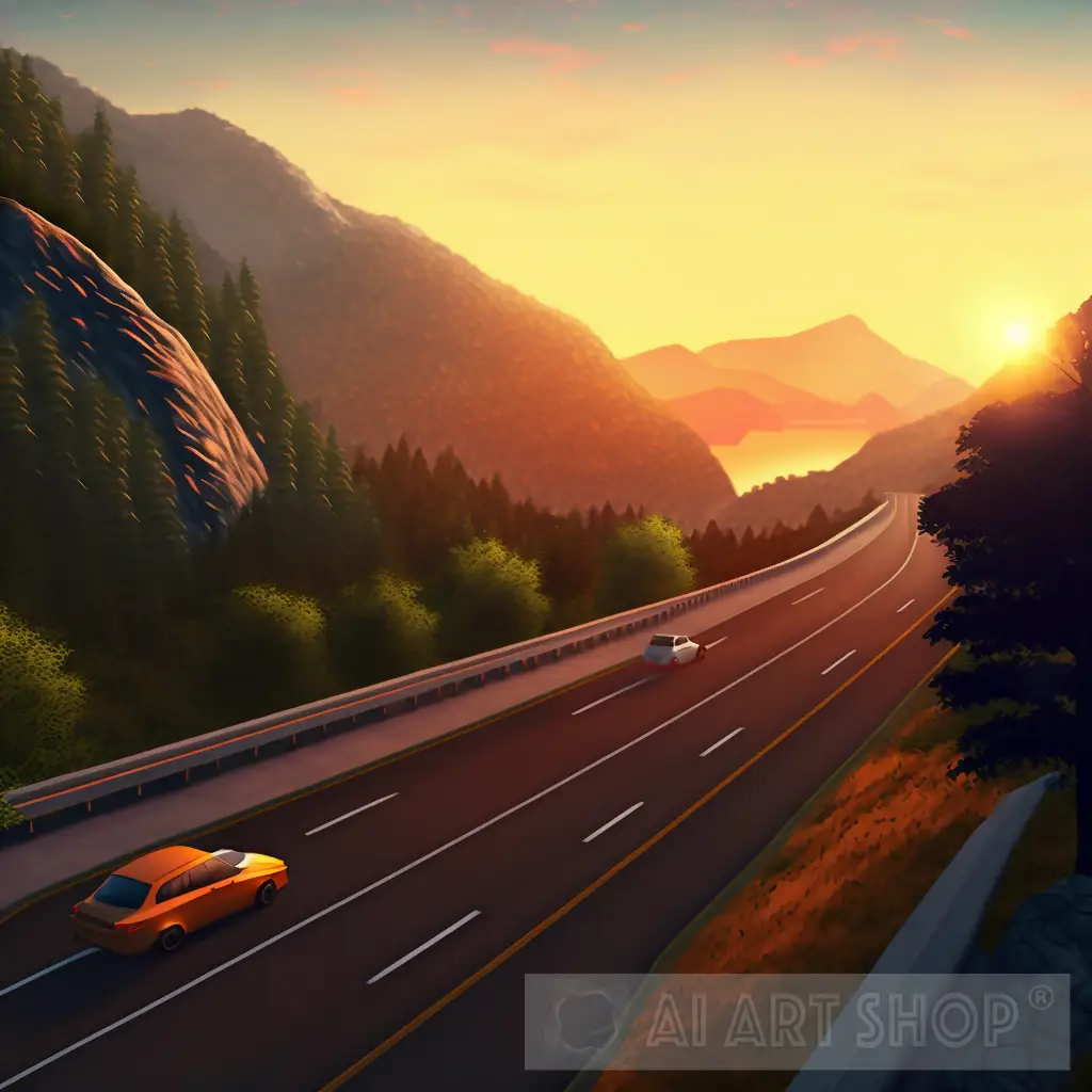 sun setting - car traveling
