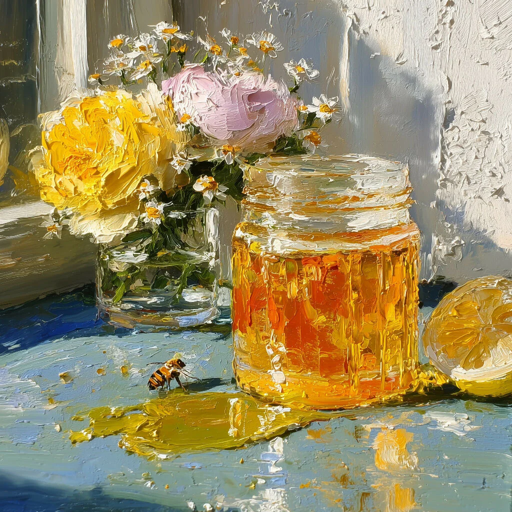 Sunlit Honey Still Life with Roses and Chamomile